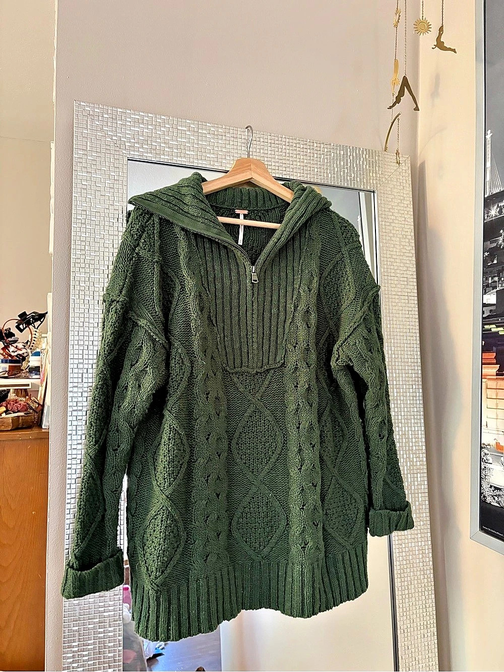 Free People Found Zip-Up Cable Knit Hoodie Green XS